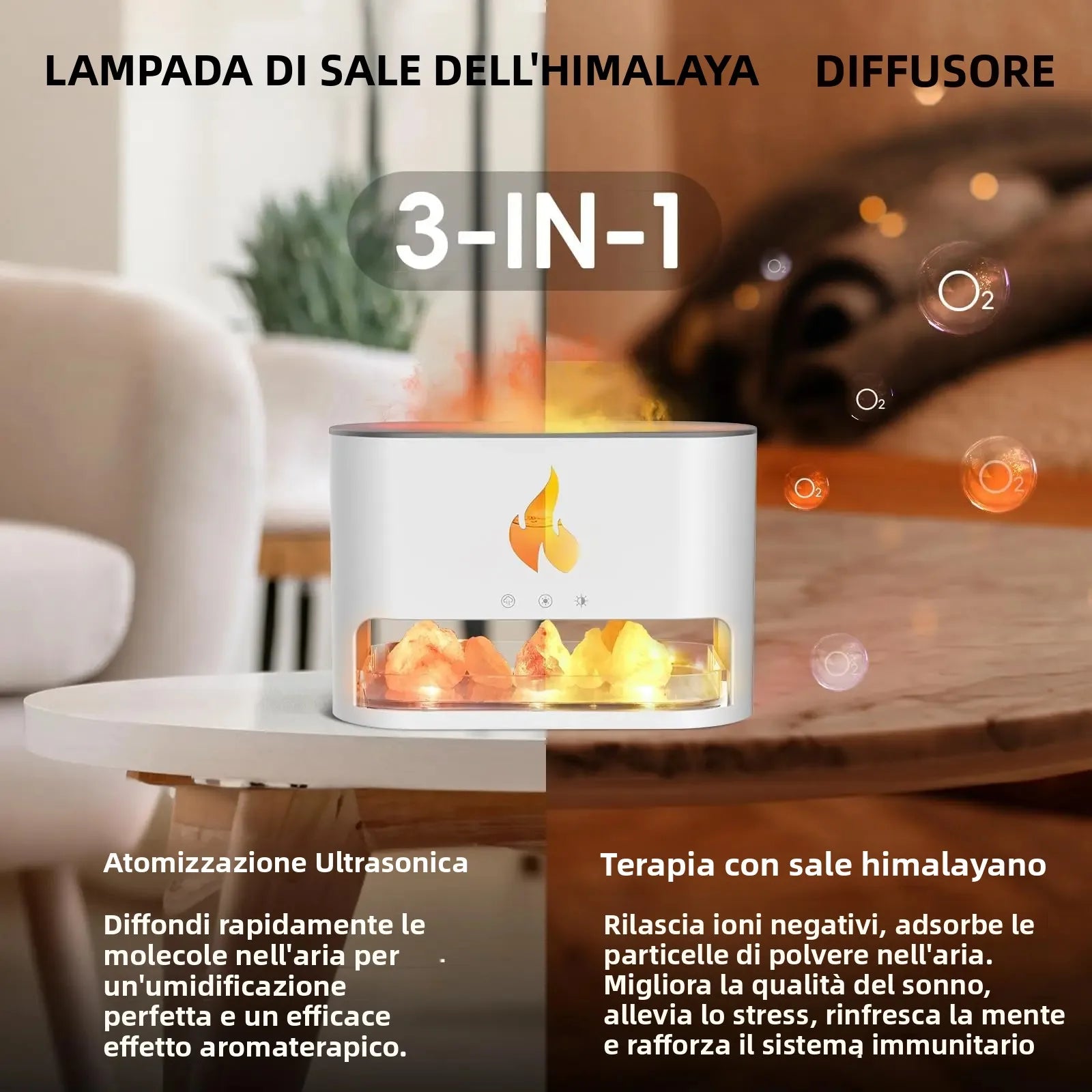 LUVENTI™ GlowFlame – Diffusore di Aromi 3-in-1 ad Effetto Fiamma e Lampada di Sale Himalayano
